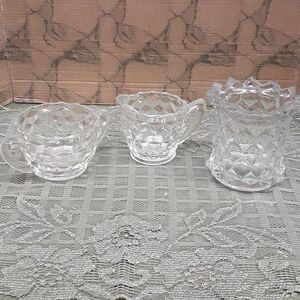3 pc. Antique,1928, FOSTORIA“American” Pattern #2056, Creamer, Sugar, & dish.